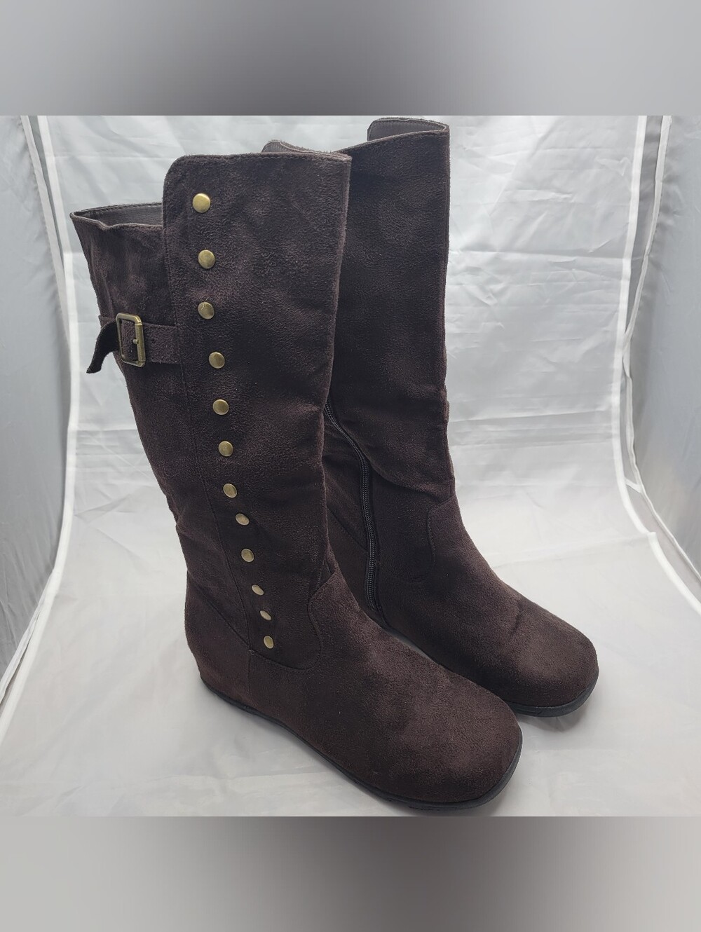 Wanted Dark Brown Suede Over-the-Knee Boots with Gold Stud Accents